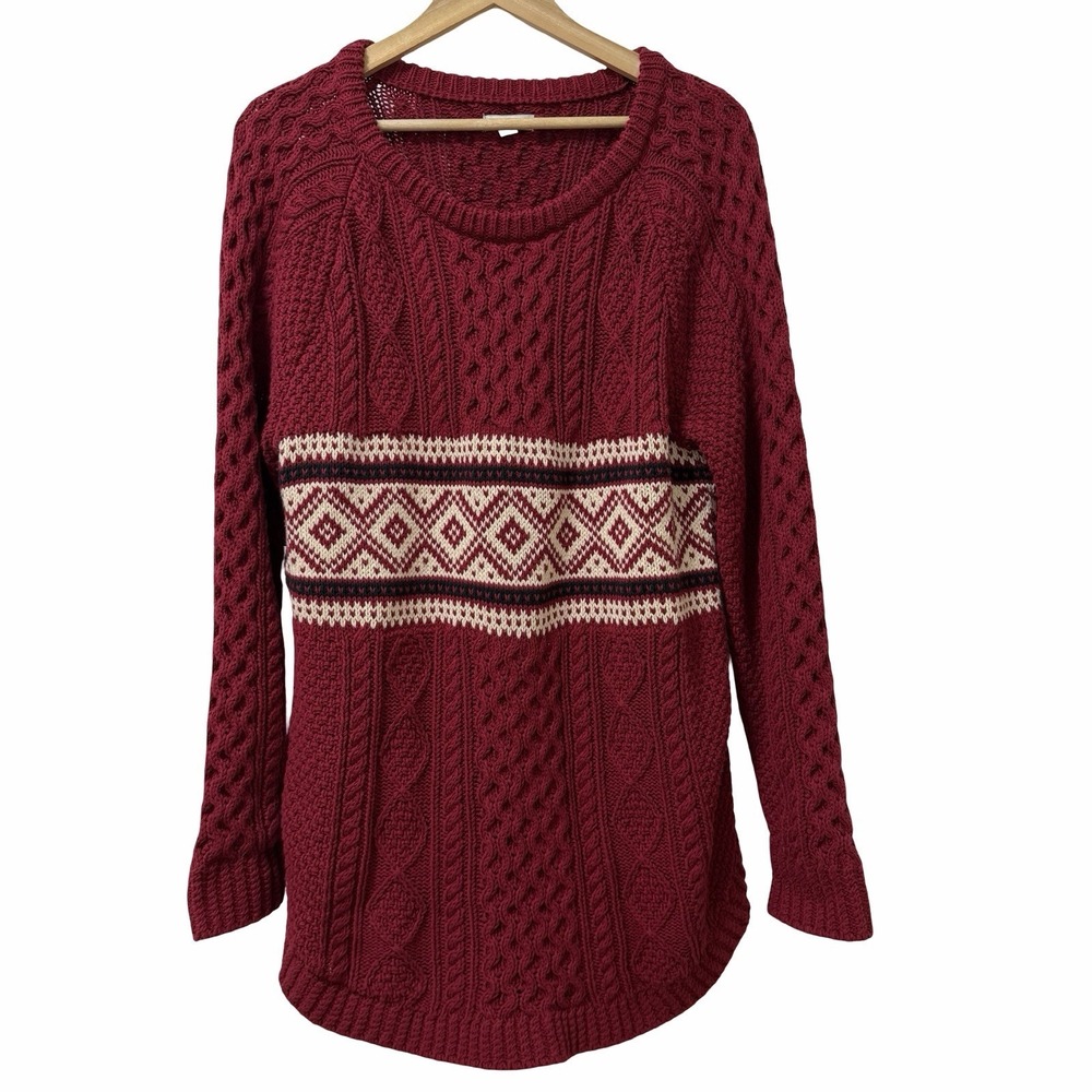 LL‎ Bean Signature Womens Heavy Cable Knit Tunic Sweater Size M Red Fisherman